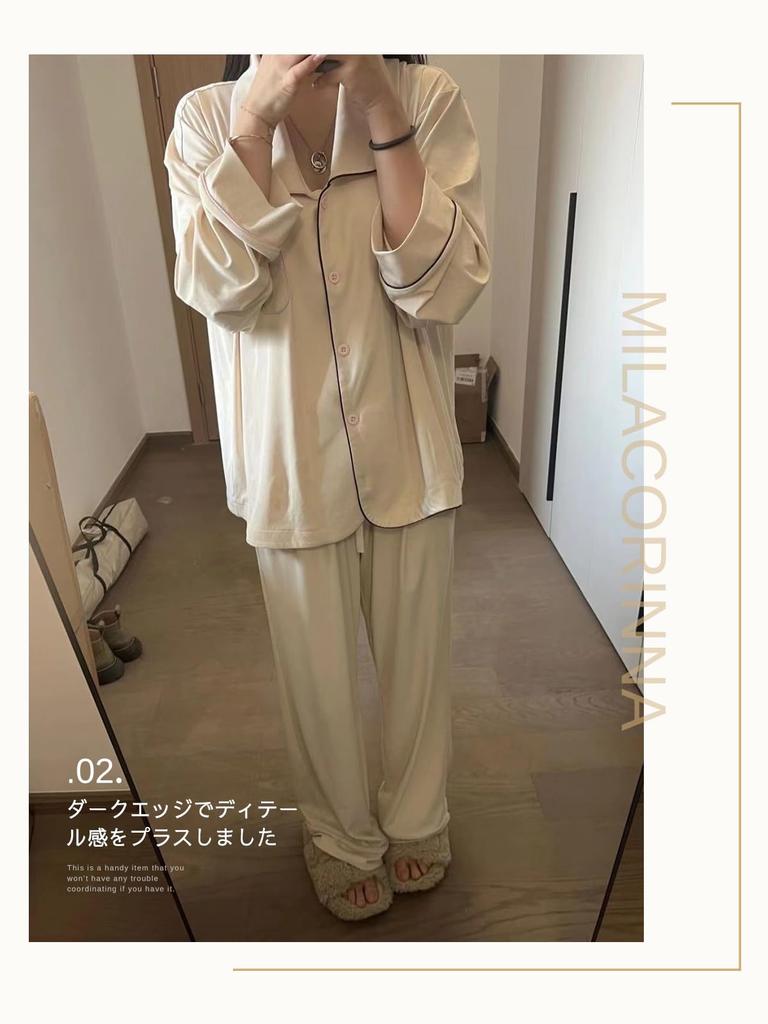 MilaCorinna Pajama Long Solid Loose Plus Sizes Simple Gift for Apricot Women's Set, Open-Front, Sleeves, Pants, Thin, Color, Soft, Lightweight,