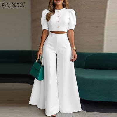 Damen-Set mit lässiger Kurzarmbluse und Hose mit weitem Bein, zweiteilig, Sommer