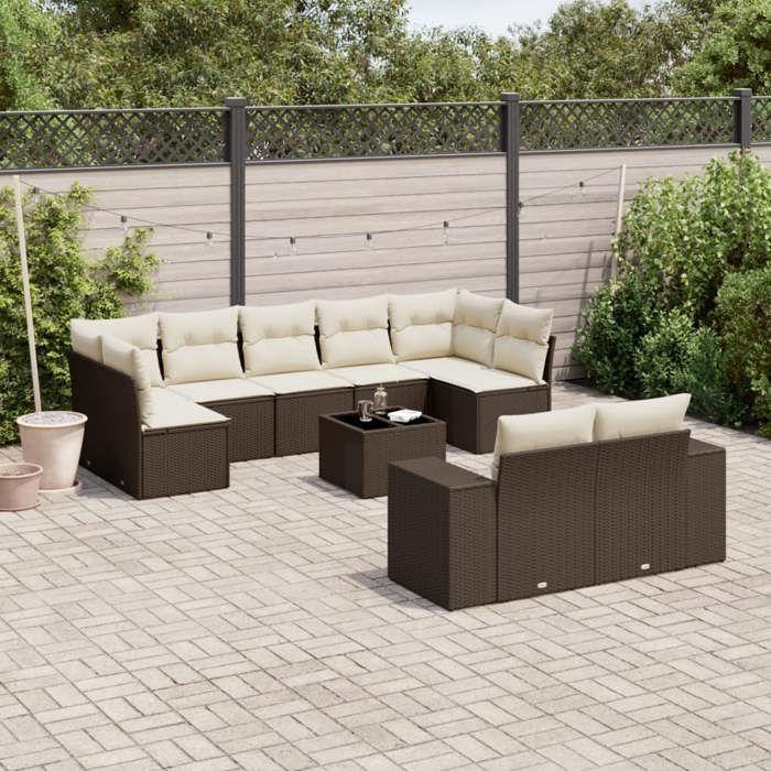 VidaXL Salon de Jardin avec Coussins 10 pcs, Canapés avec Dossier, Ensemble de Meubles, Mobilier de Terrasse Patio, Marron 3223032