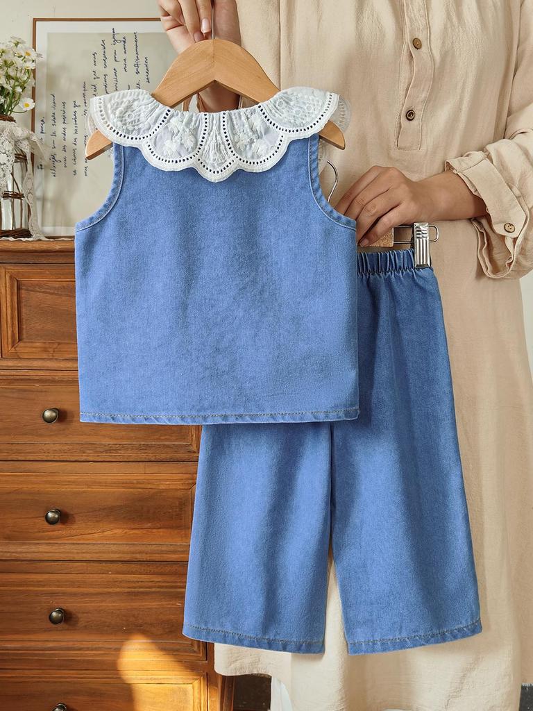 2026 Stylisches Sommer-Denim-Set für Mädchen - Puppenkragen, Ärmelloses Zweiteiler