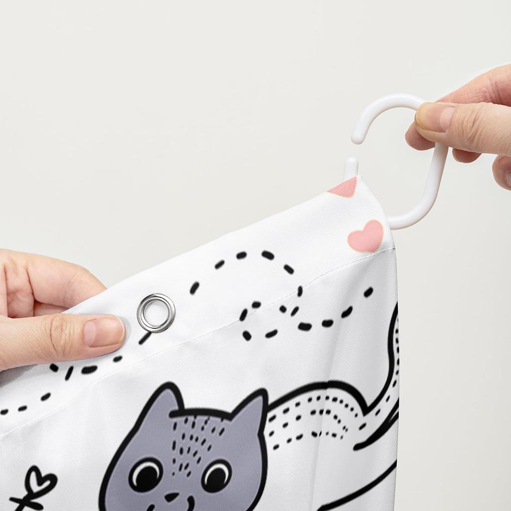 Cute Cat Cartoon Pet Cat Kitten Bathroom Curtain,Cat Paw Print Cat Lover Bath Curtain Polyester Waterproof Bathroom Curtain Wi