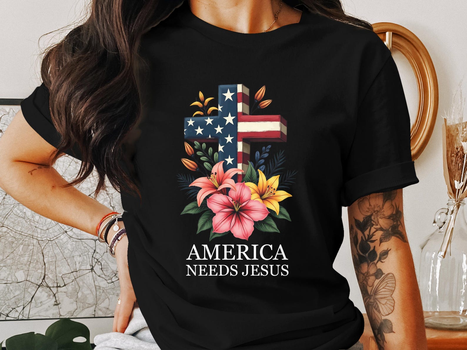 American Flag Cross T-Shirt, Floral Christian Tee, Patriotic Jesus Shirt, Faith Based Apparel, God and Religion Clothing, USA Pride Gift S