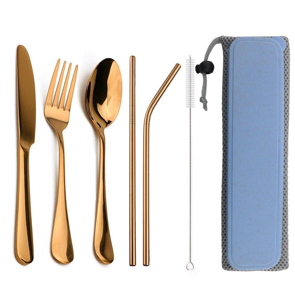 Light Portable 8 Pieces Flatware Set Stainless Steel Cutlery Set Knife Fork Spoon Juice Straws Clean Brush With Travel Bag