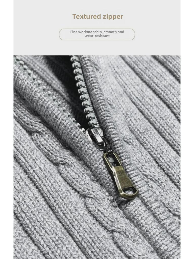 American Autumn/Winter Solid Color Zippered Knit Cardigan: Trendy Korean-Style Men's Outerwear