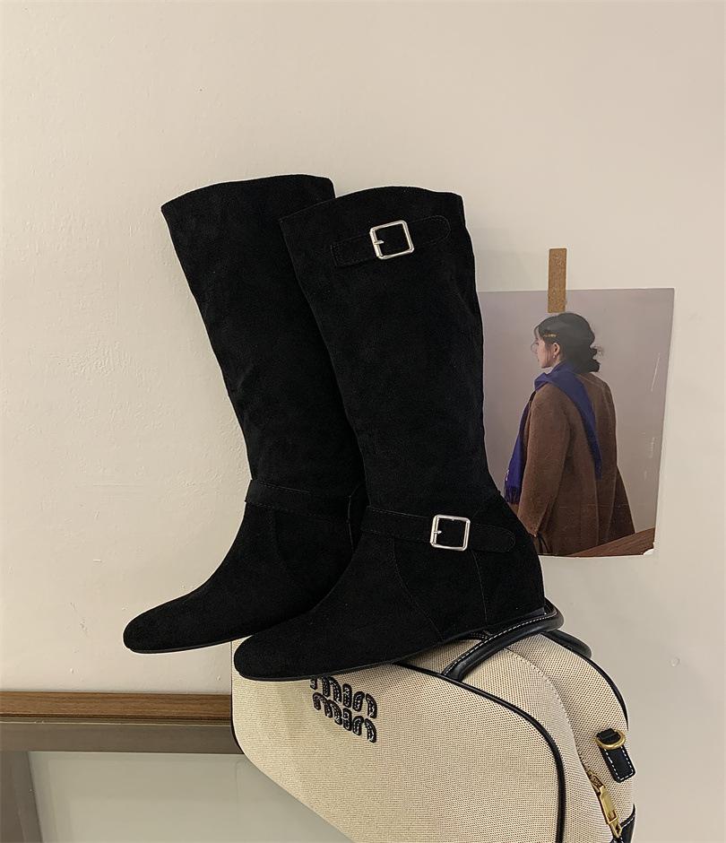2025 new Dongdaemun, inner height increase 5cm long boots Korean fashion buckle design stacked medium boots women