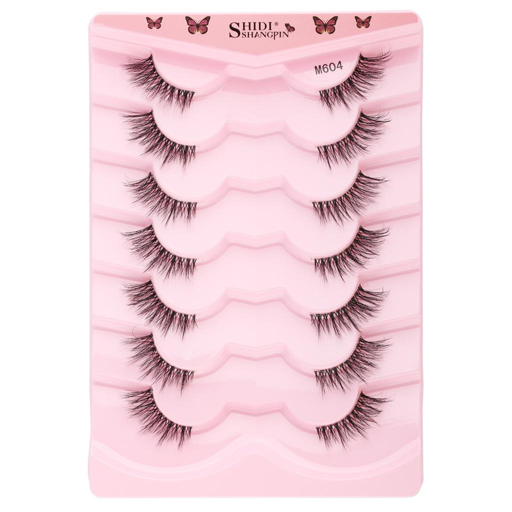 7 Pairs Half Lashes with Clear Band Wispy Eyelashes Natural Look 3D Lashes Short Cat Eye Lash Fake Eyelashes