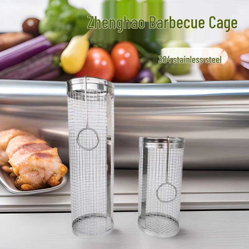 304 Stainless Steel BBQ Cage Cylinder Grill Smoker Mesh Basket - In Stock