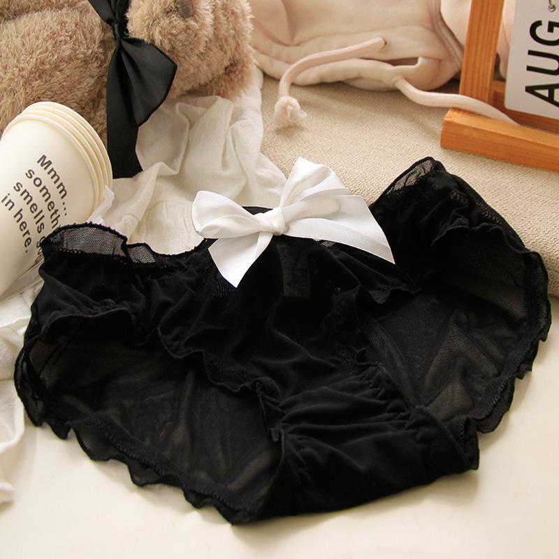 Black Women's Lace Mid-Waist Bow Mesh Panties - 620 Series