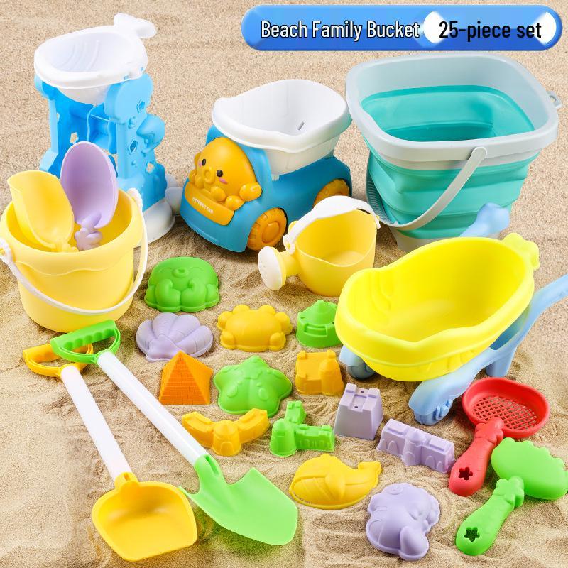 Cross-border Kid's Beach Toy Set: Folding Bucket, Shovel, Sand Tools & Sandglass Accessories