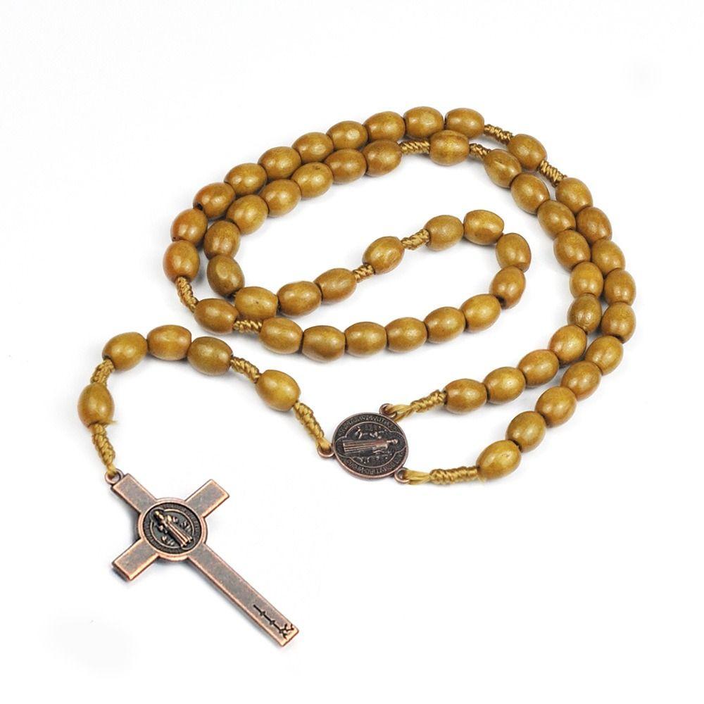 Wood Wood Beads Necklace Car Hanging Ornament Crucifix Pendant Chain Handmade Rosary Necklace  Men