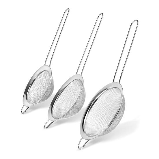Zestaw Sitka Kuchennych ze Stali Nierdzewnej, Drobne Oczko, Różne Rozmiary, do Mąki, Oleju i Soków, Długi Uchwyt, Bezpieczny do Mycia w Zmywarce, Wszechstronne Sito do Gotowania i Pieczenia