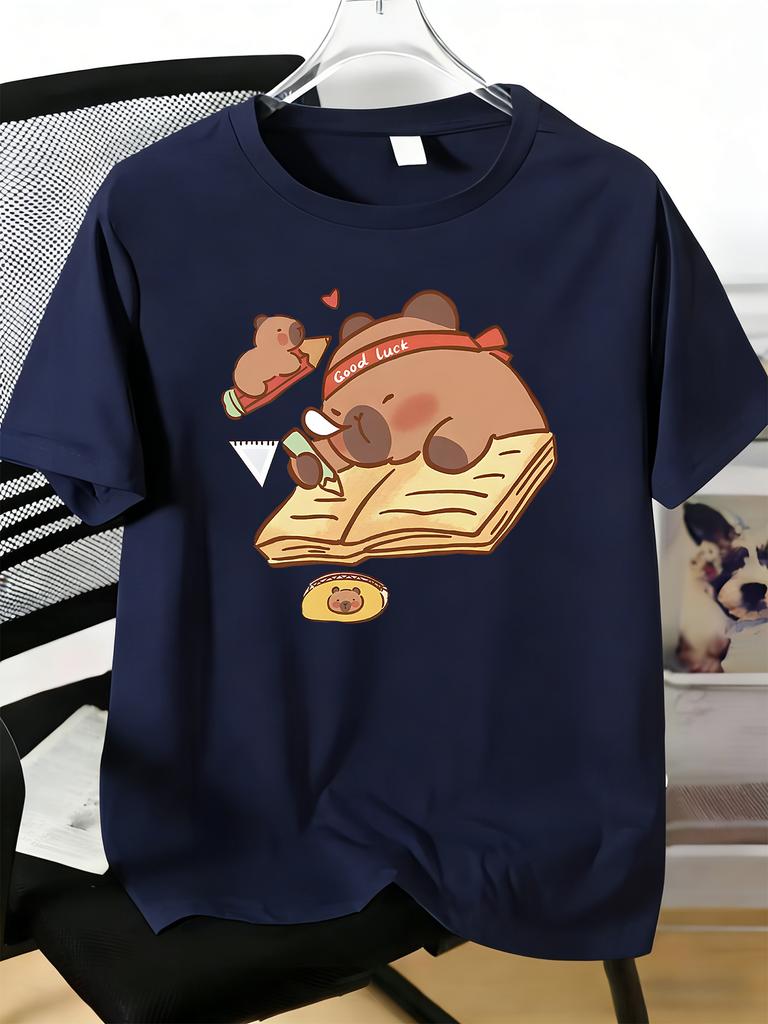 Unisexs Tee Cute Studying Capybara Cartoon Pattern Print Cotton Short Sleeve Male Casual Streetwear Outdoor Daily Basic Fashion Top