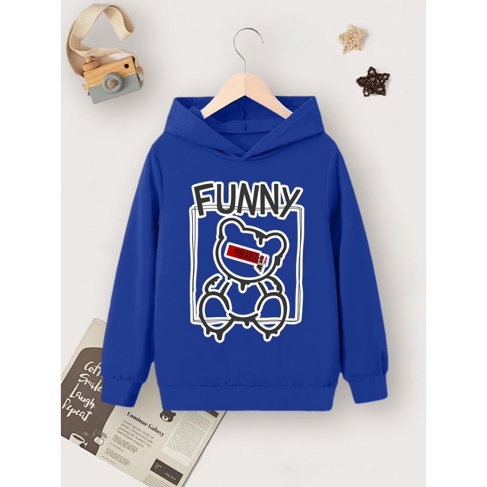 

Single Casual And Simple Children s Autumn And Winter Blue Hoodie, Funny Bear Cartoon Printed Hoodie 100