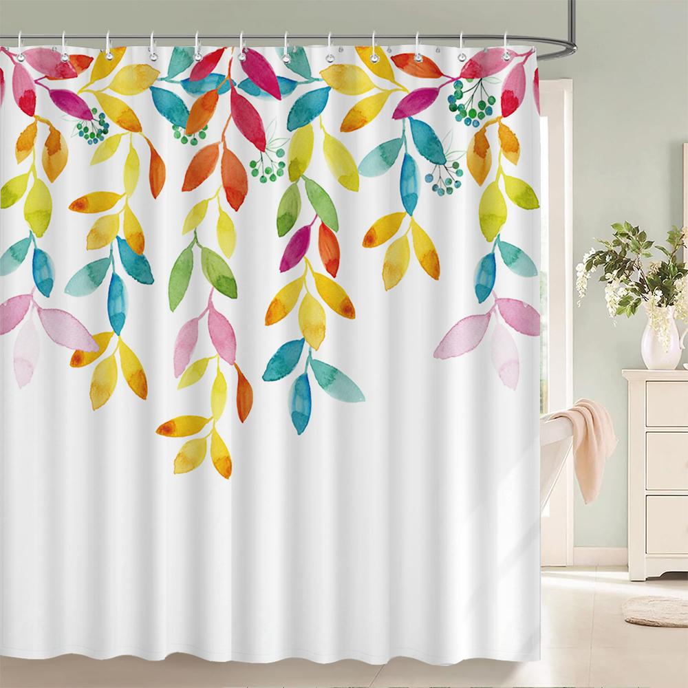 1 pack of Green leaf plant pattern polyester shower curtain bathroom partition curtain with hooks home decorative curtain
