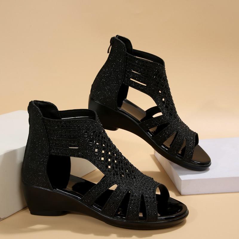Fashion Summer Large Size Open Toe Diamond Wedge Sandals for Women New Round Head Hollow-out Non-slip Roman Shoes