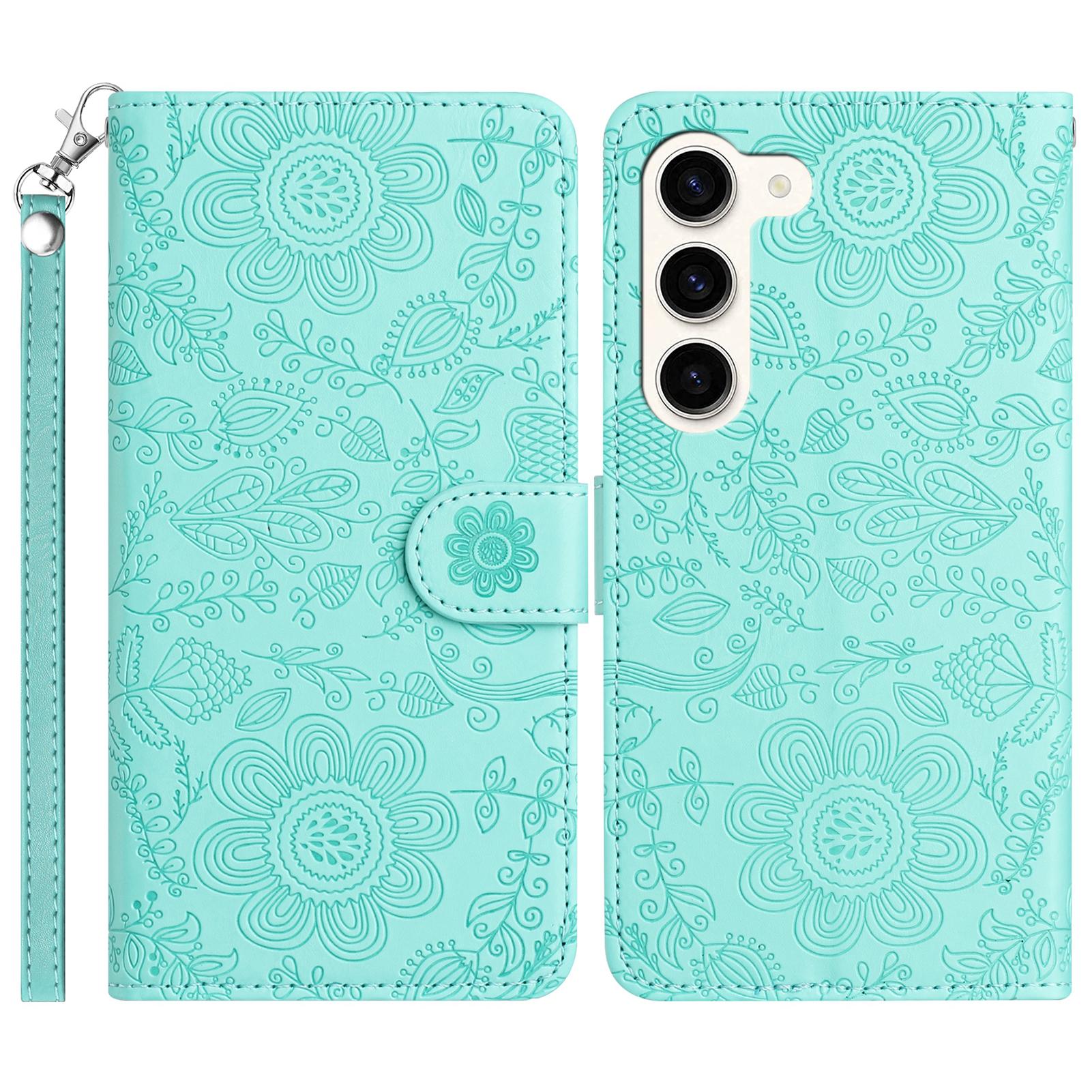 

For Samsung Galaxy S23 Case Flower Imprint Leather Flip Wallet Phone Cover with Wrist Strap Light Green