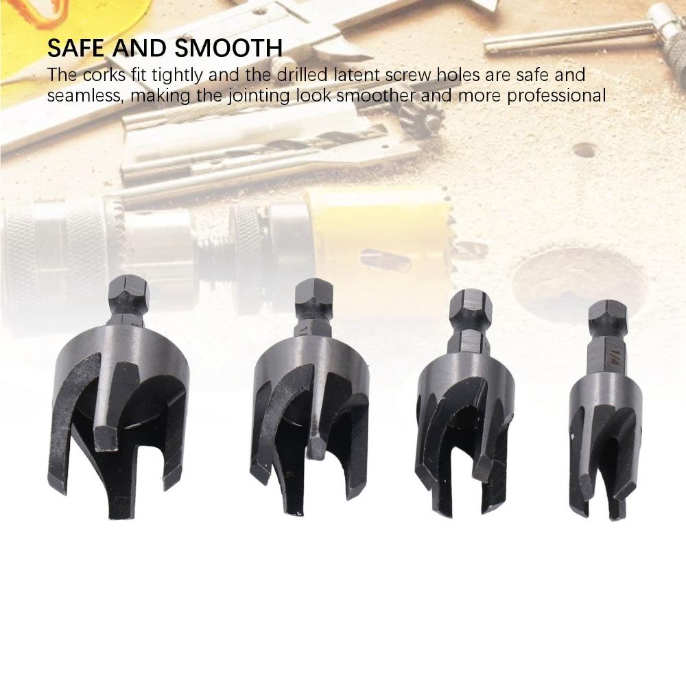 4pcs 1/4in Hex Shank Wood Dowel Drill Set Claw Type Hole Saw Kit Tapered Plug Cutter Woodworking