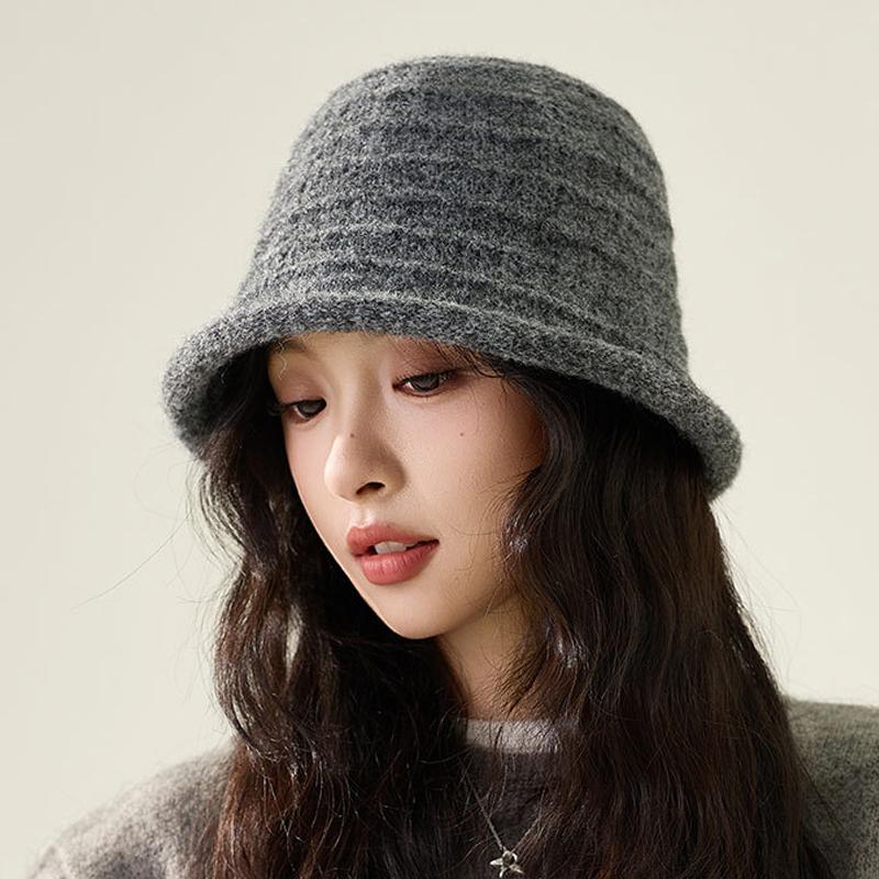 Autumn Winter Knitted Bucket Hat Women's Curling Solid Color Warm Fisherman Hat