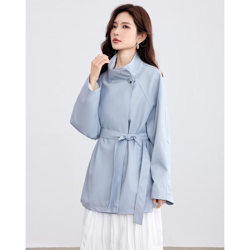 TERRE BLEUE Women s Retro Tie-Waist Faux Leather Jacket L