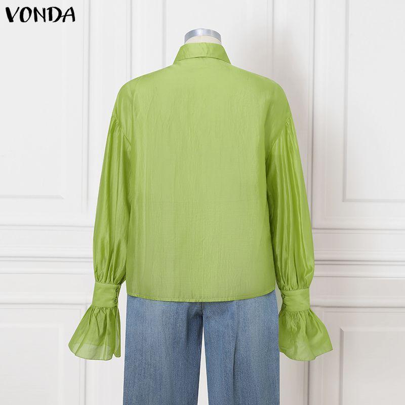 VONDA Women Lapel Neck Long Sleeve Semi-Sheer Thin Casual Shirts Blouse