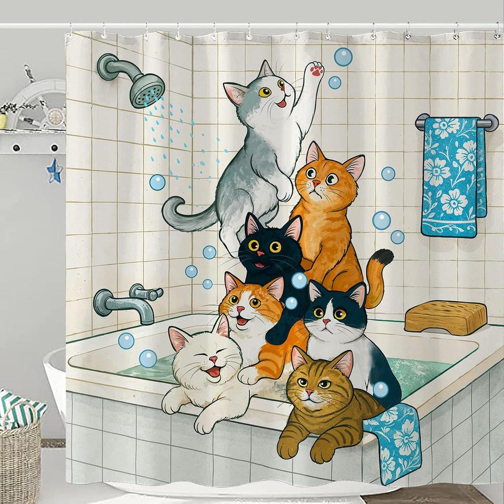 Adorable Cats Shower Curtain Set Cozy Plant Pot Design Waterproof Bathroom Shower Curtain Cute Feline Group Print Charming Home