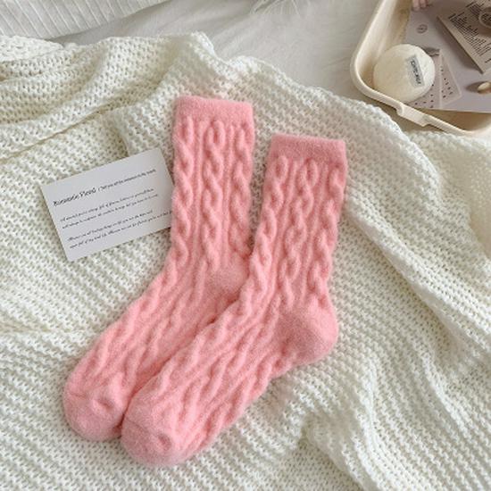Women's Thick Fluffy Cable Knit Mid-Calf Plush Socks for Cold Weather and Postpartum Comfort