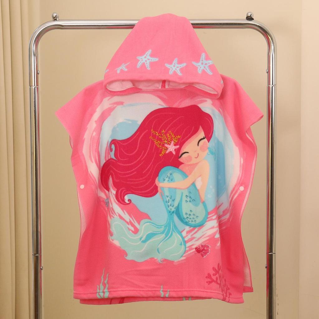 Ultra-Fine Fiber Cartoon Print Kids' Hooded Bath Towel Poncho