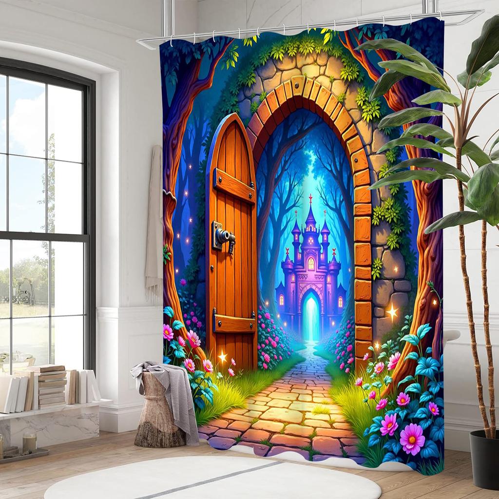 Floral Door Pattern Shower Curtain, Bathroom Shower Waterproof Curtain with 12 Hooks, Fish Shaped Home Decoration, Free Delivery