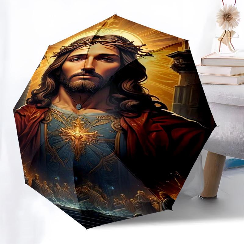 Jesus Christ Themed Automatic Opening and Closing Umbrella, Compact Travel Umbrella, Lightweight and Portable, Suitable for Beach Commuting