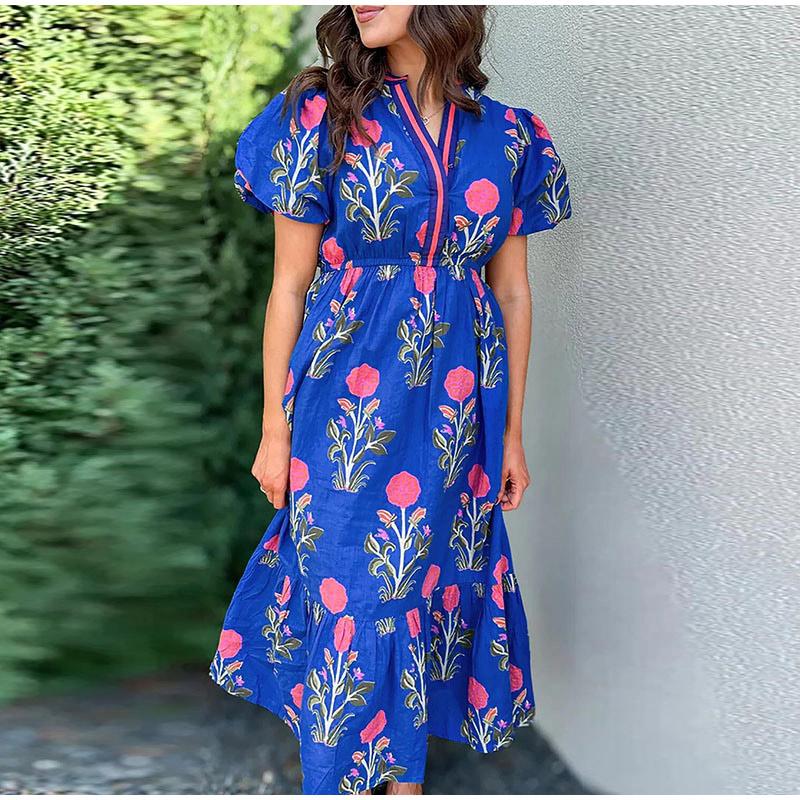 2025 New Women's V-neck Flower Print Dress