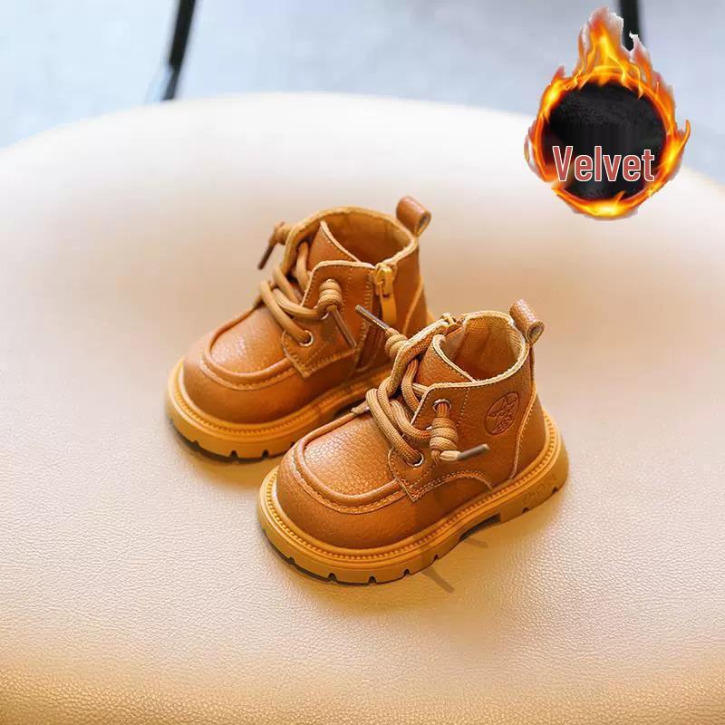 Children's Yellow Leather Martin Boots: Soft Sole Autumn/Winter Toddler Walking Shoes for Boys and Girls.