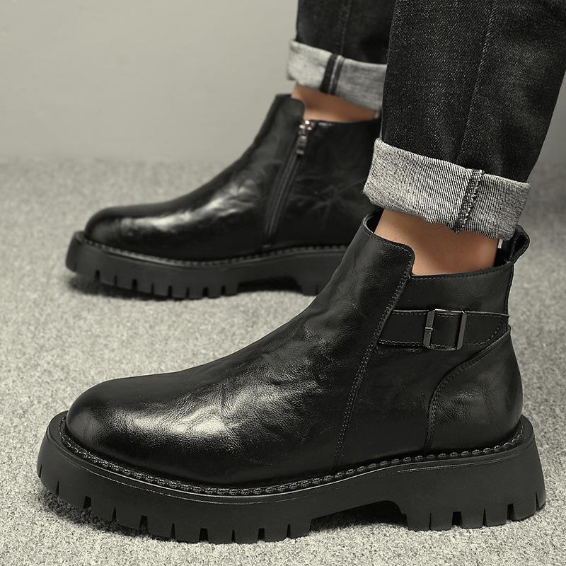 Spring and Autumn Martin Boots Men's Boots Low Top Korean British Short Chelsea Boots Leather Pointed High Top Leather Shoes Men's