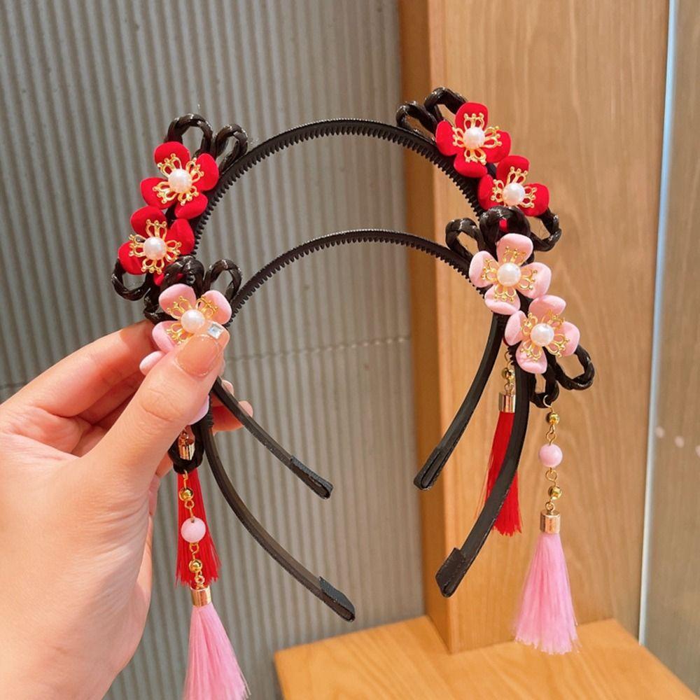 Flower Chinese New Year Headwear Braid Hair Hanfu Hair Sticks Children Wig Headband  Girls