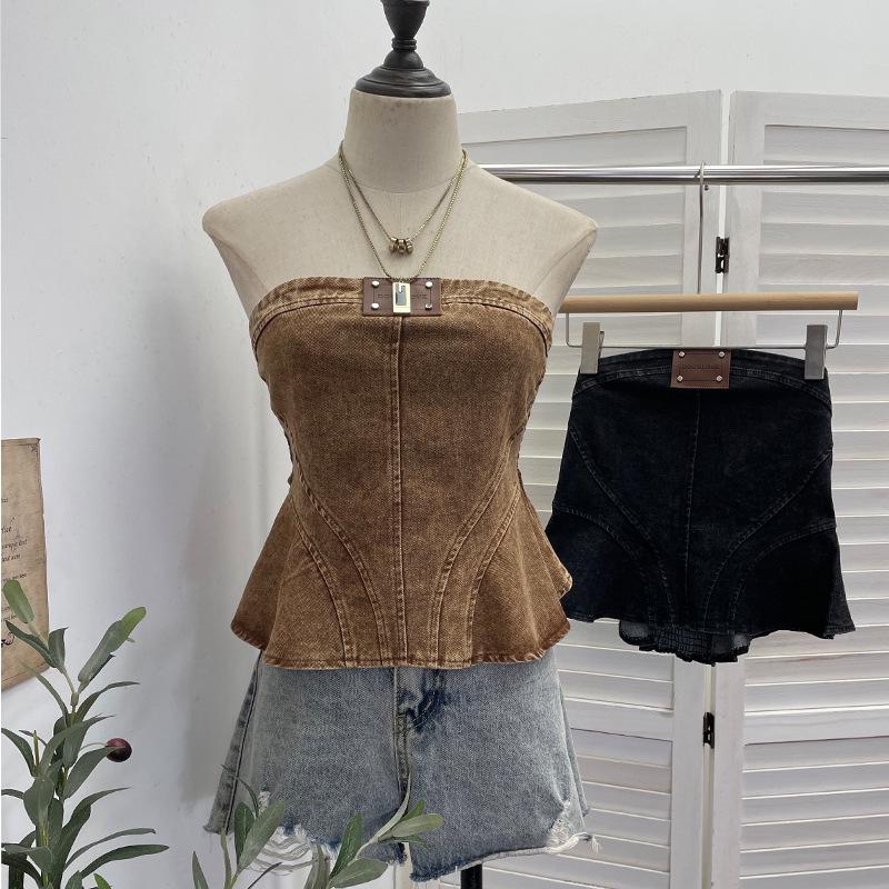 Women's Denim Bandeau: 2026 A-Line Short Sleeveless Top with Divided Stitching and Cinched Waist.