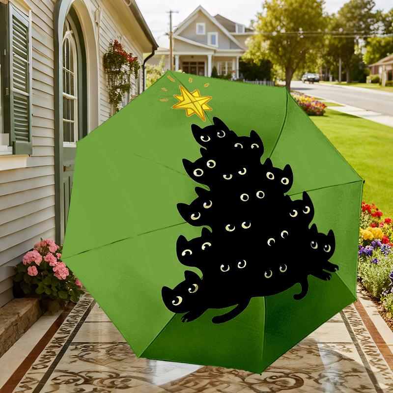 Black Cat Christmas Tree Umbrella: A Unique, Festive Design for Outdoor Adventures - Auto-Open/Close, Lightweight & Durable