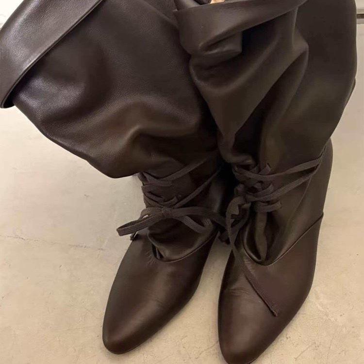 Autumn And Winter Soft Leather Pointed Toe Chunky Heel Riding Boots For Women, Vintage Lace-Up High-Heeled Slim Boots, Wide-Cuff Pile Boots