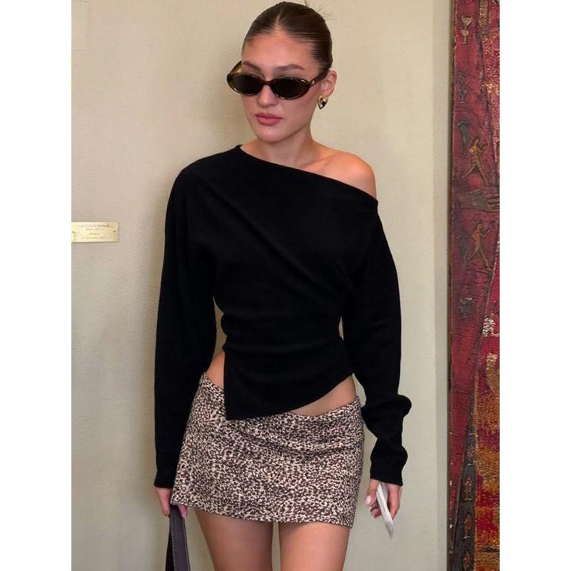 Shemoda Early Autumn Asymmetrical One-Shoulder Cold-Shoulder Long Sleeves Tops Fashion All-Match Sexy Slim Fit Slit Niche Style T-shirt