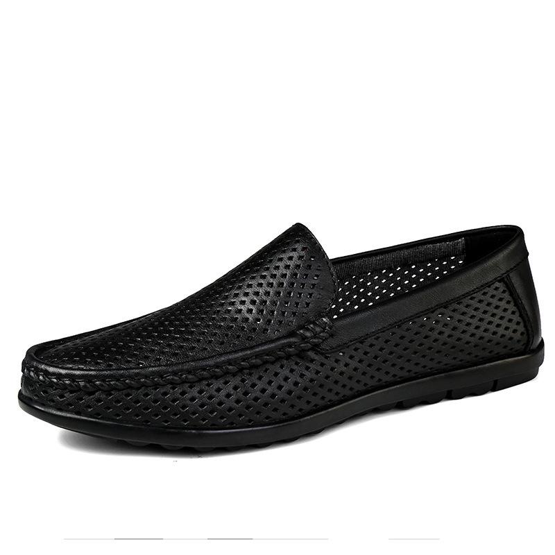 Men's Hollow Leather Slip-On Loafers - Breathable, Summer, Low-Top Flats, Large Size Cowhide Casual Shoes