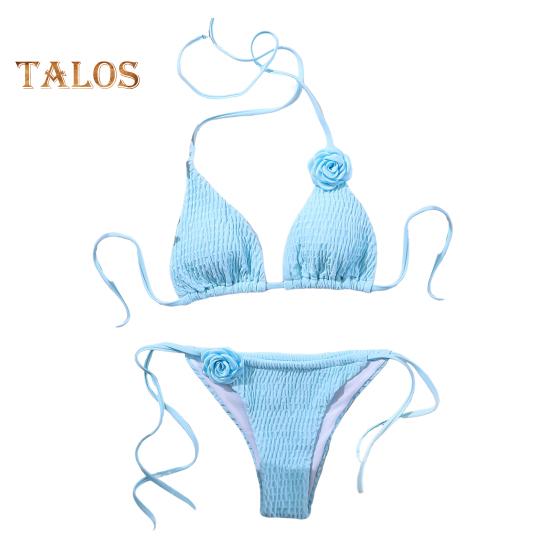 

2 шт./компл. женский сексуальный комплект бикини с бретелькой на шее, 3D цветочный декор, бюстгальтер с высокой талией, трусы на шнуровке, комплект, одноцветный плиссированный пляжный купальник, купальник L синий