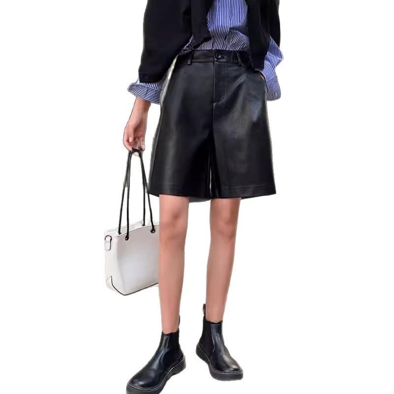 Women's Fall Winter Plus Size PU Leather Wide Leg Knee-Length Pants Elastic Waist Capris Plus Size Shorts Hip-Hiding Mini Shorts
