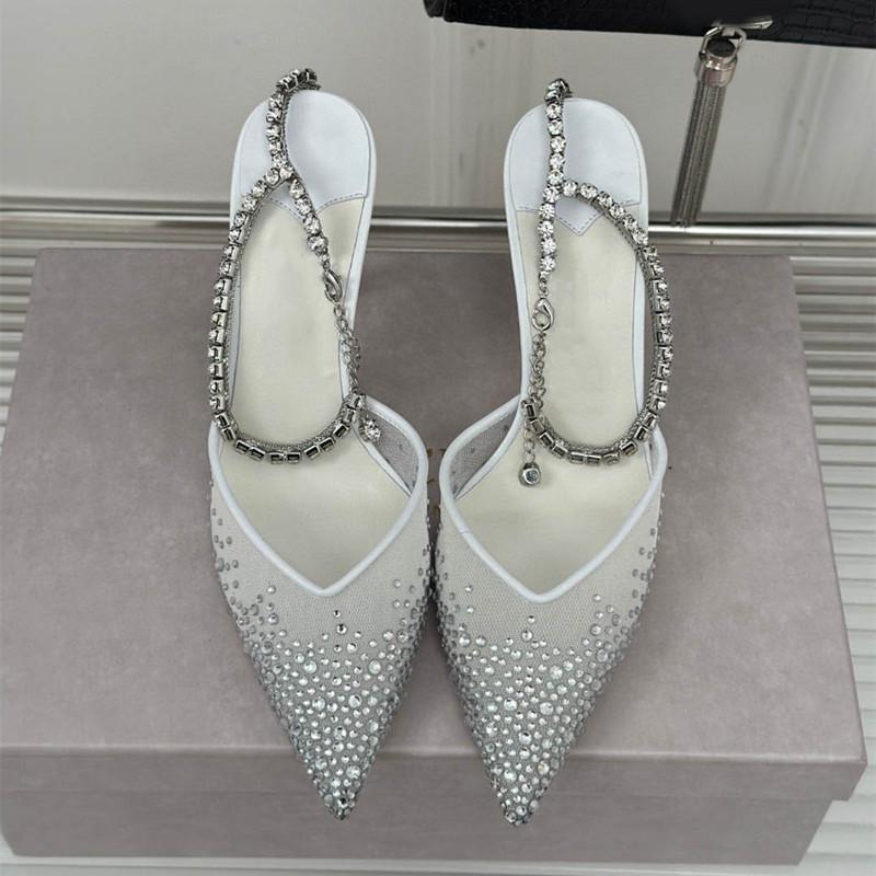 Star style Rhinestones Ankle Strap Women Pumps Elegant Pointed toe Mesh Slingback Stiletto High heels Office Dress Shoes