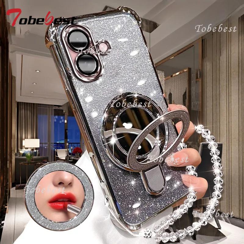 

Для iPhone 16 16E 15 14 13 12 11 Pro XS Max X XR Чехол с блестящим покрытием, зеркалом для макияжа, магнитным держателем для телефона, браслетом-крышкой iPhone 13 Pro серебряный