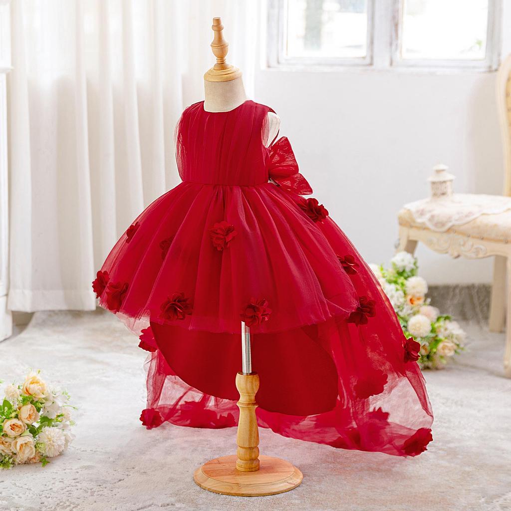 Dziecięca Suknia Wieczorowa Księżniczki z Odpinaną Kokardą i Trenem na Występy Pianistyczne