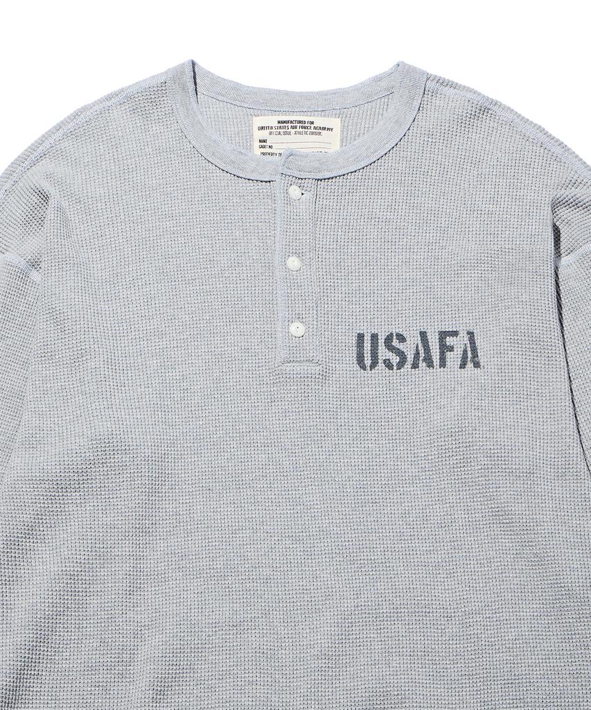 DISCUS ATHLETIC Usafa Logo Waffle Henley Neck Long Sleeve T-Shirt Melange Grey