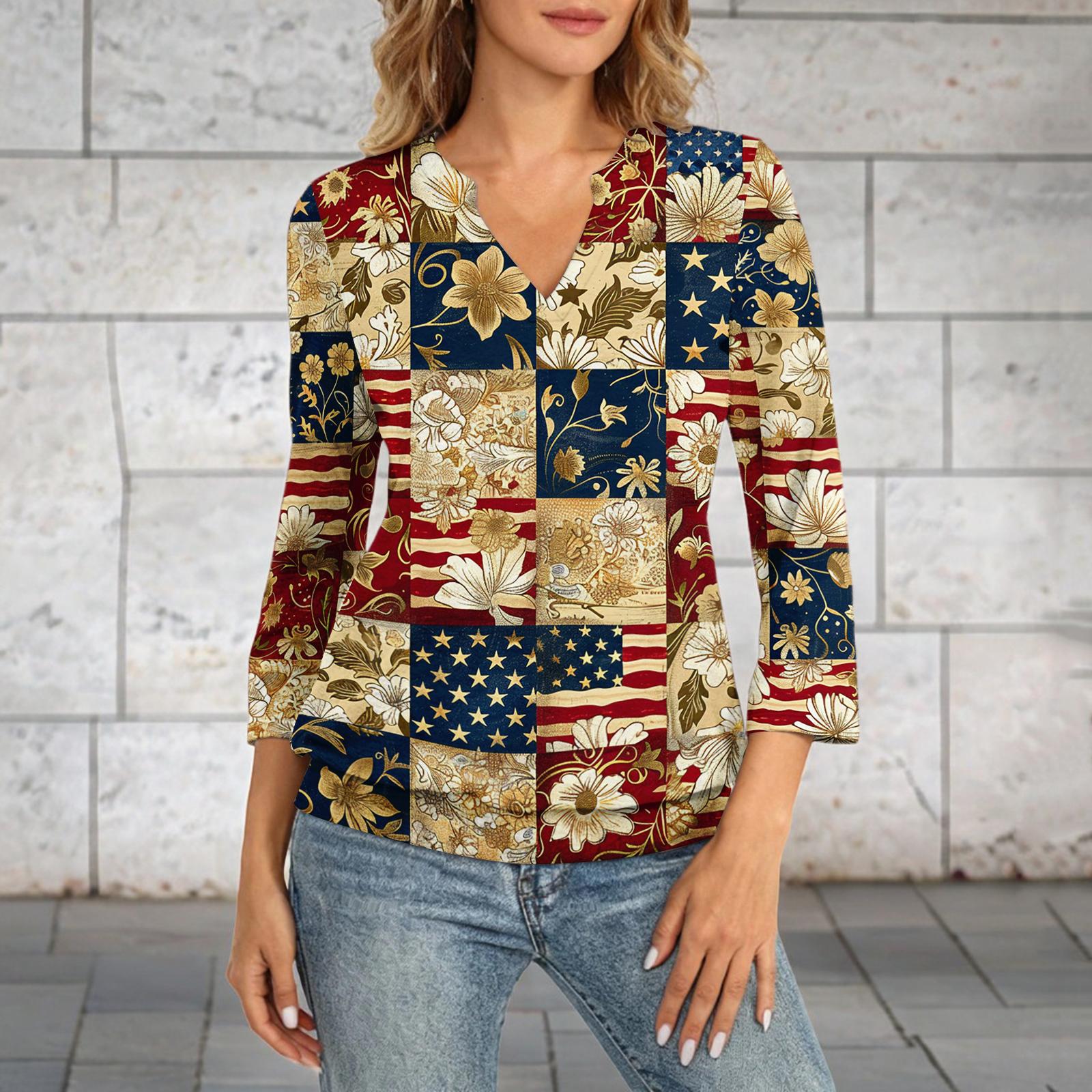 

Women s 3/4 Sleeve Neck Hem V-Neck Summer Casual Base Top Independence Day Printed Top L жовтий