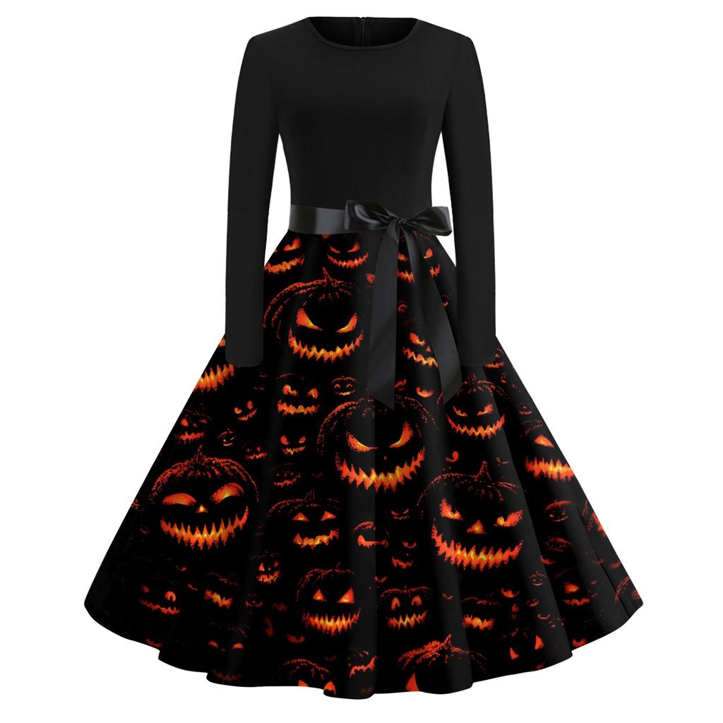 Women's Vintage Long Sleeve Round Neck Halloween Party Dress with Printed Skirt and Waist Tie Elegant Retro Style