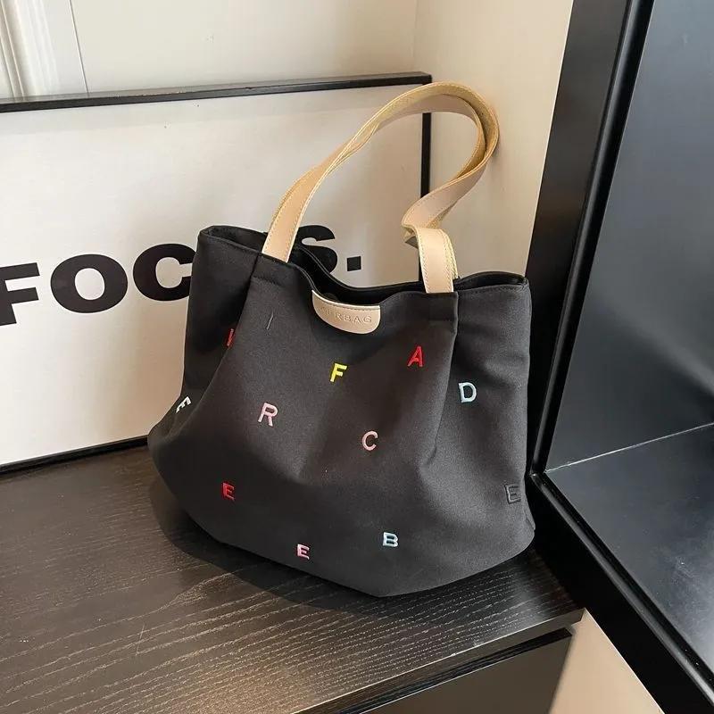 WTEMPO Large Capacity Canvas Bags for Women Trendy Embroidered Letter Tote Bags Casual Cute Student Single-shoulder Bags