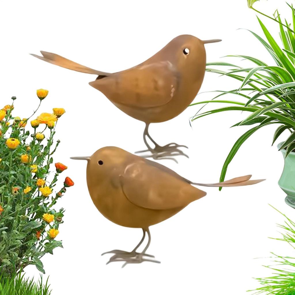 2pcs Cute Small Bird Statue Ornament Decorative Waterproof Rustic Iron Bird Figurines Potted Plant Landscape Garden Decor