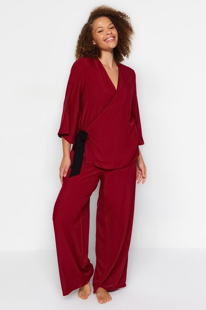 Women's Style Plus Size Claret Red Double Breasted Collar Tied Woven Pajama Set