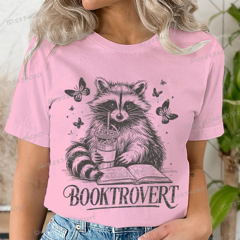 Funny Reading Raccoon Graphic T Shirts Women Booktrovert Essential Classic Tops Casual Book Lover Gift Tee Retro Bookish Clothes